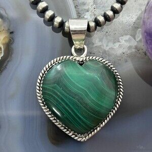 Sterling Silver Southwestern Style Malachite Heart Pendant For Women #1